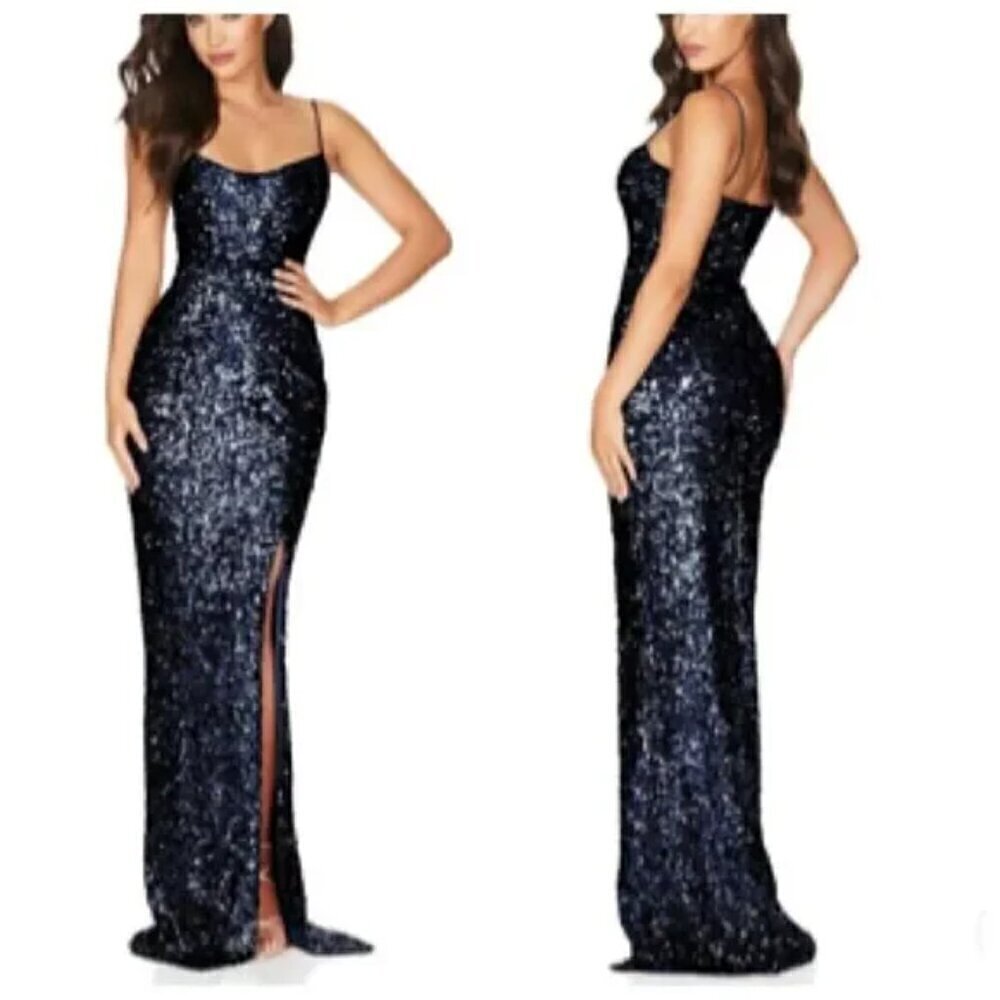 Nookie Confetti Sequined Formal Black Tie Long Gown Medium in Navy